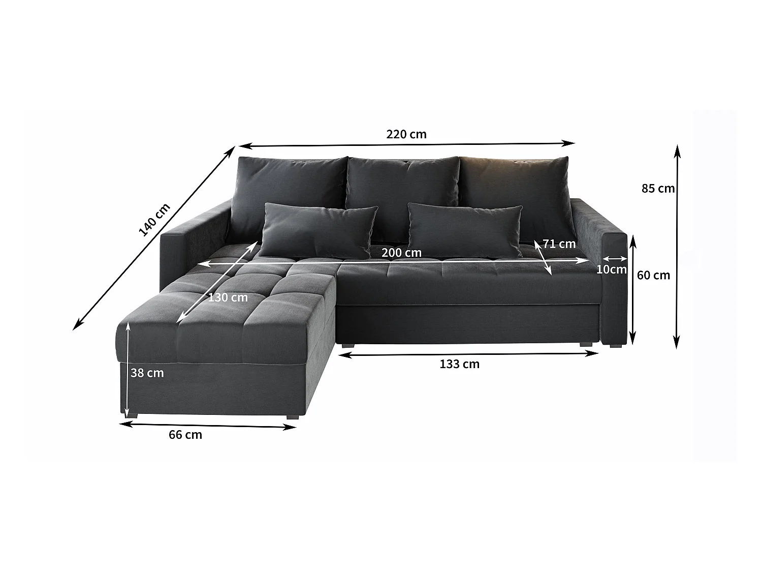 Canapé d'angle KOS PIK Noir en peluche avec fonction de couchage