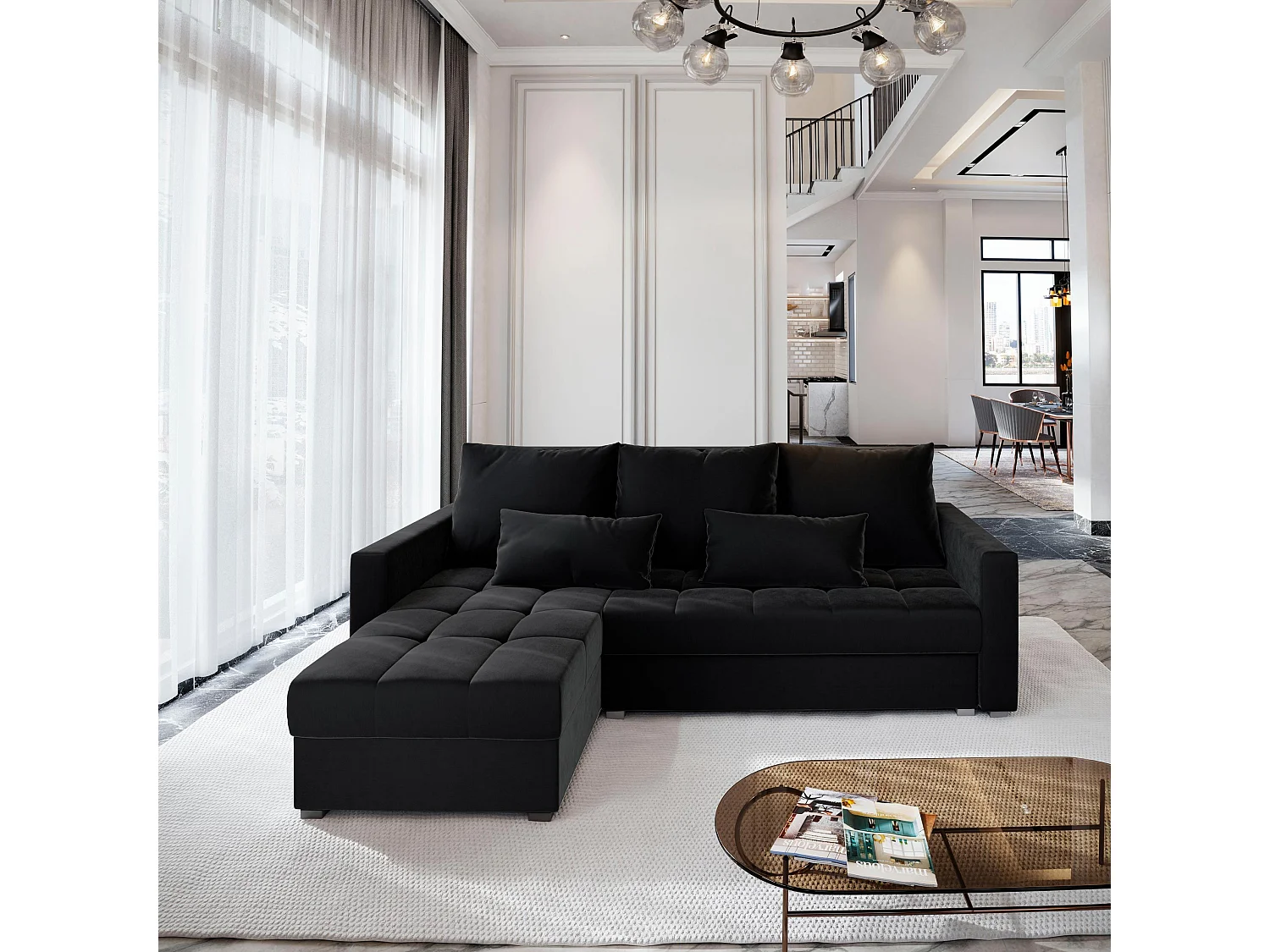 Canapé d'angle KOS PIK Noir en peluche avec fonction de couchage