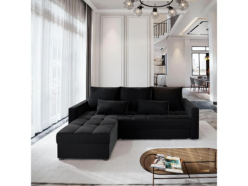 Canapé d'angle KOS PIK Noir en peluche avec fonction de couchage