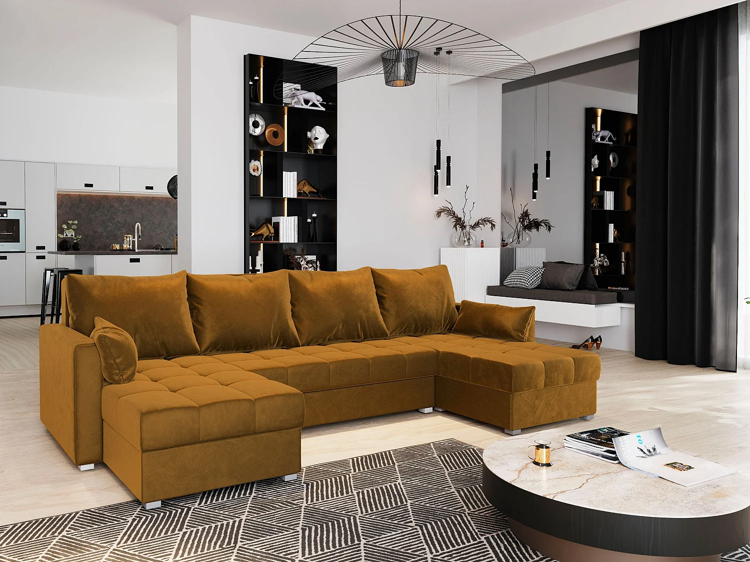 Canapé d'angle NAKO Jaune en peluche avec fonction de couchage