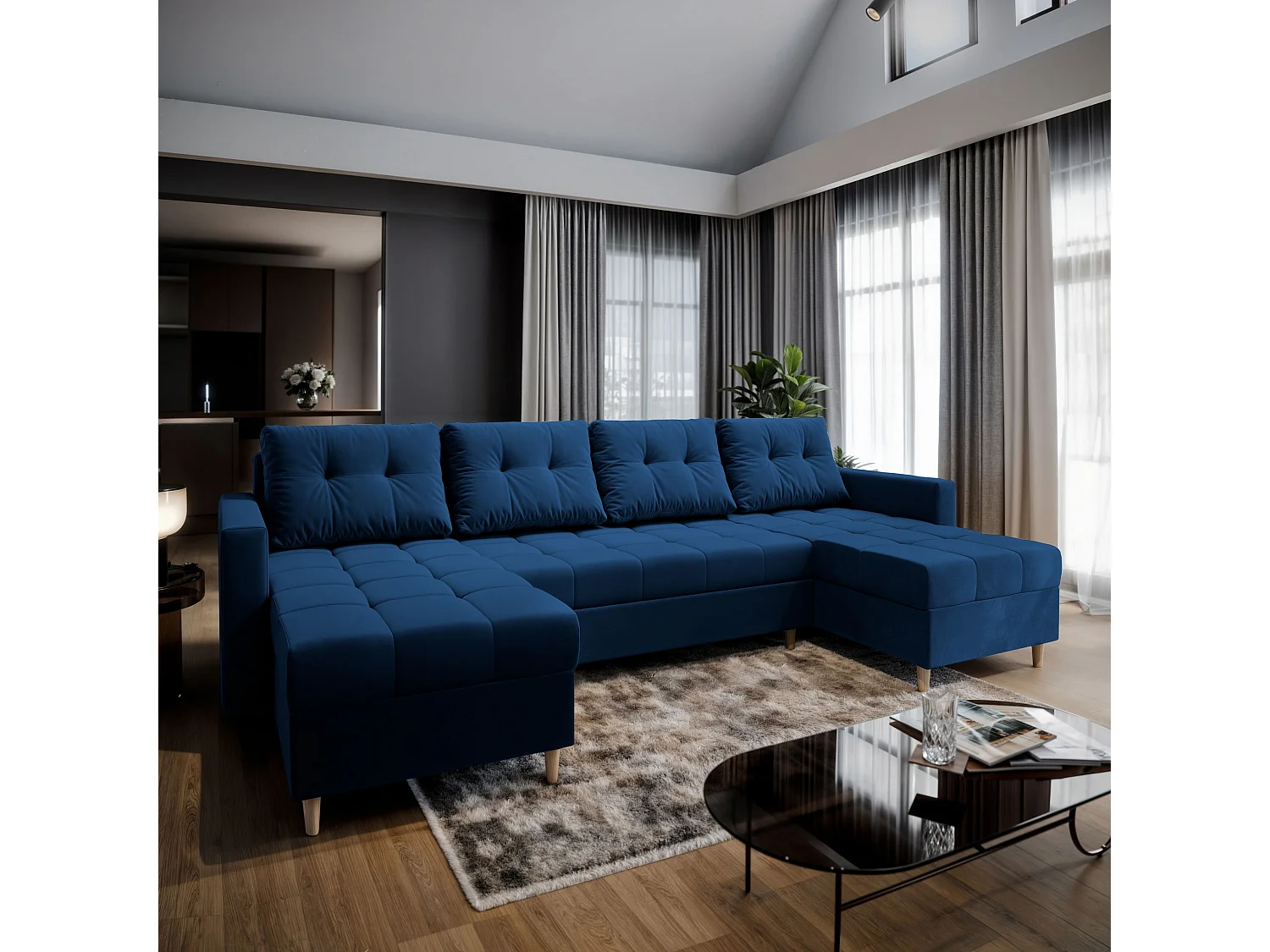 Canapé d'angle MILO Bleu en peluche avec fonction de couchage