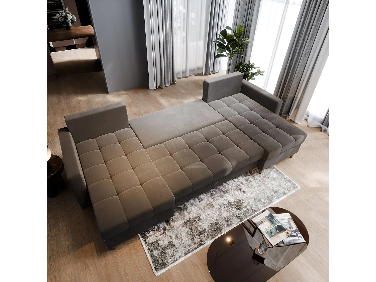 Canapé d'angle MILO Bleu en peluche avec fonction de couchage