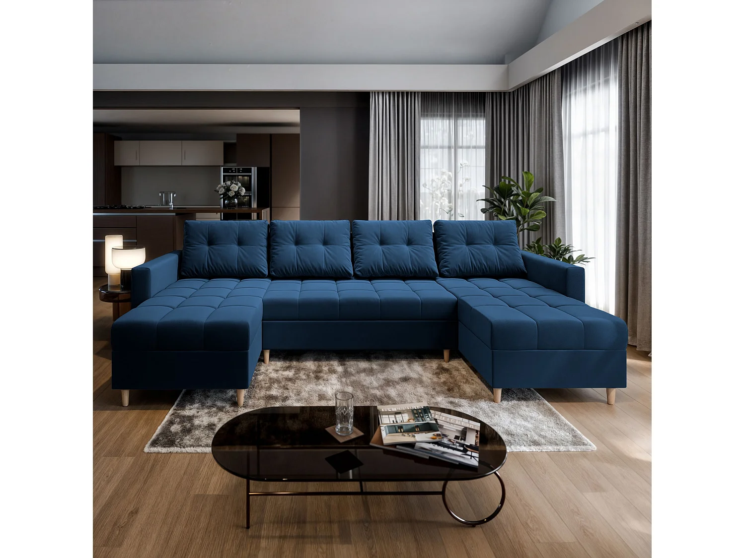 Canapé d'angle MILO Bleu en peluche avec fonction de couchage