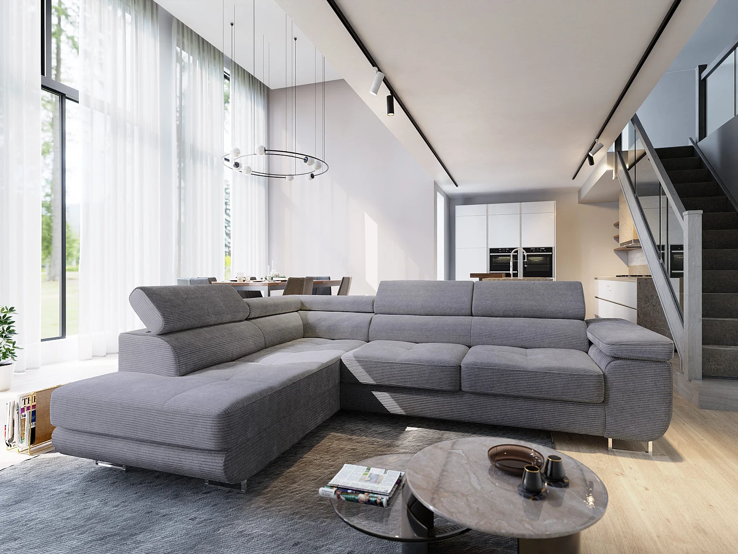 Canapé d'angle APIRO Gris en velours côtelé avec fonction de couchage