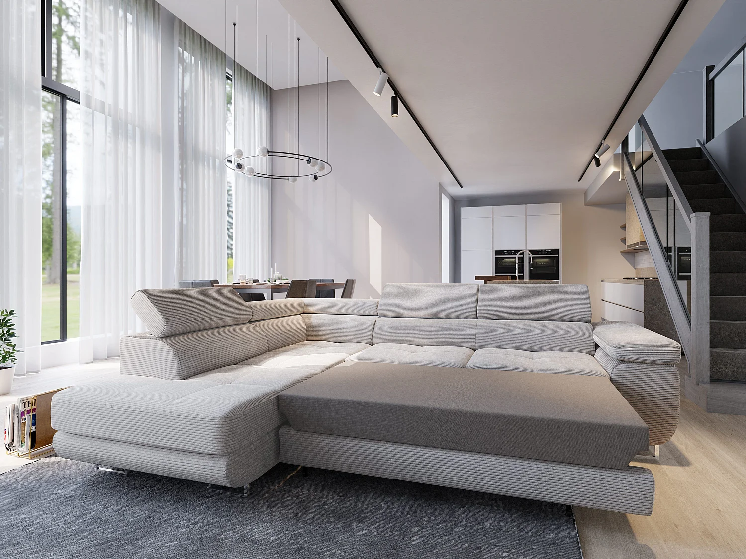 Canapé d'angle APIRO Gris en velours côtelé avec fonction de couchage