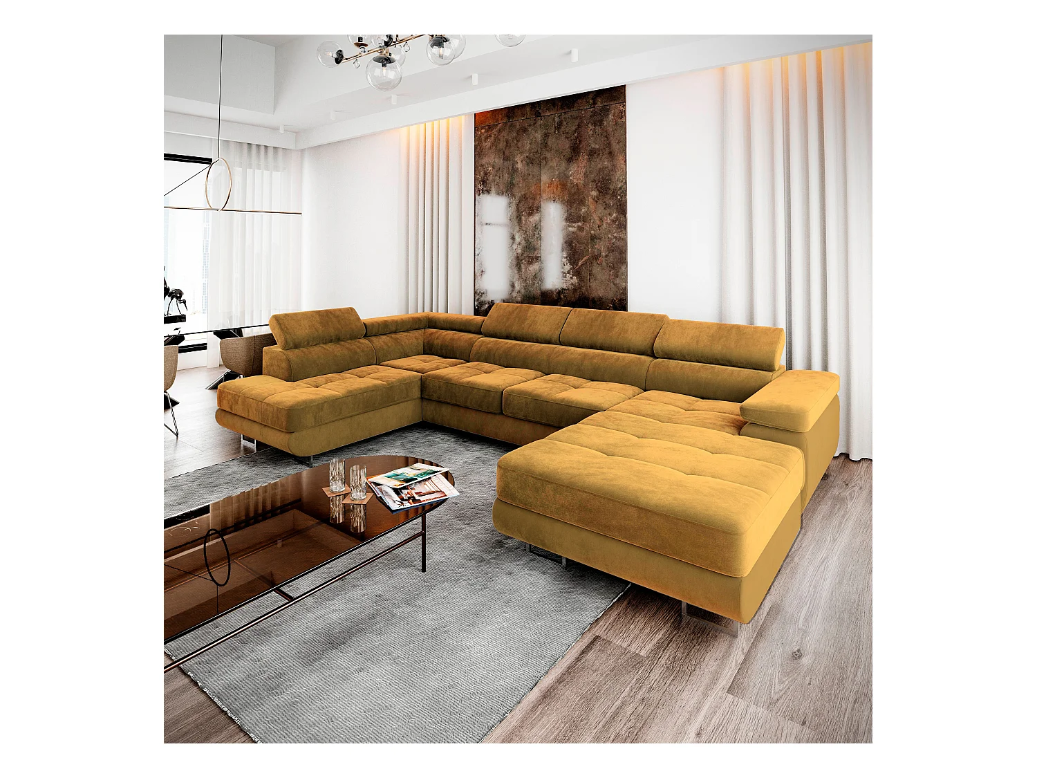 Canapé d'angle CASONE Jaune en velours avec fonction de couchage