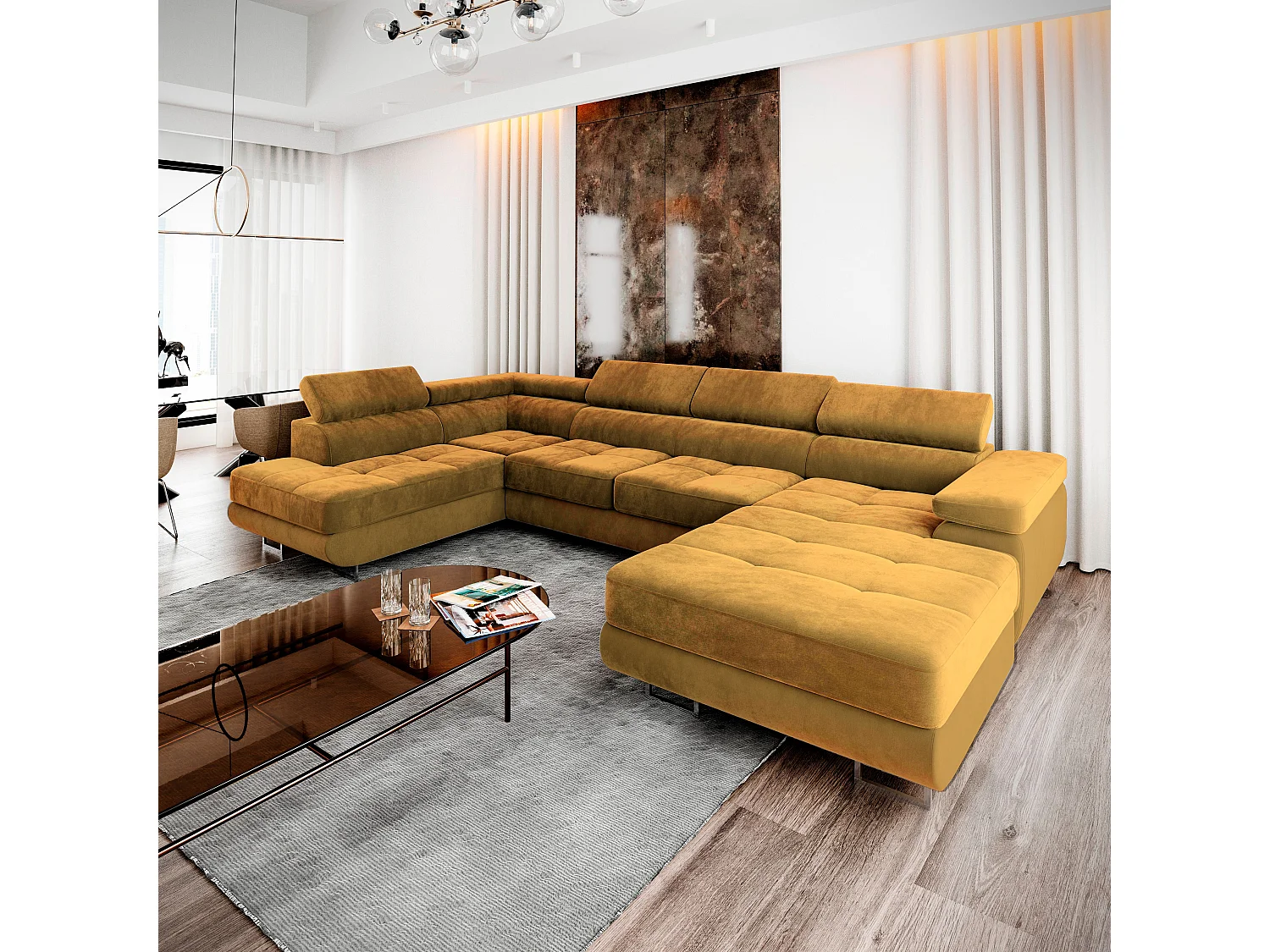 Canapé d'angle CASONE Jaune en velours avec fonction de couchage