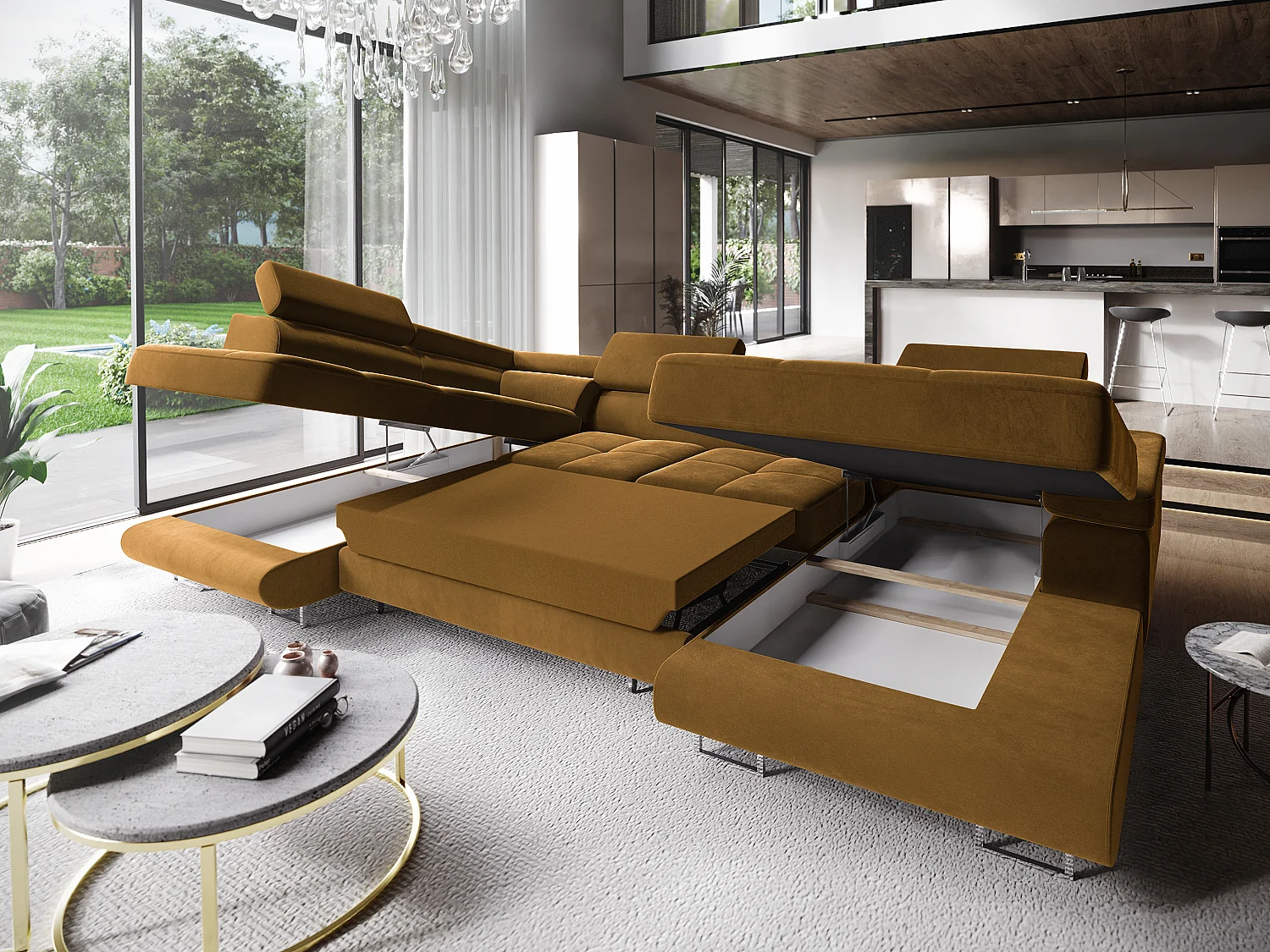 Canapé d'angle CASONE Jaune en velours avec fonction de couchage