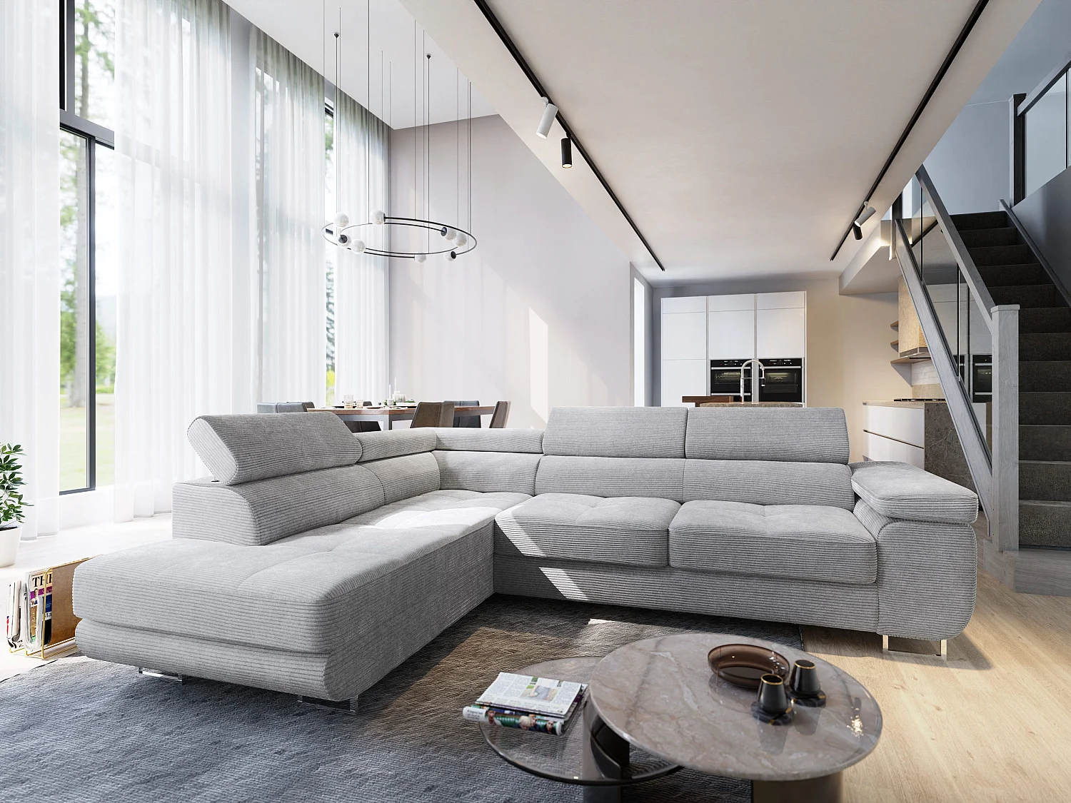 ECKSOFA APIRO L-S Hellgrau Kordstoff mit Schlaffunktion