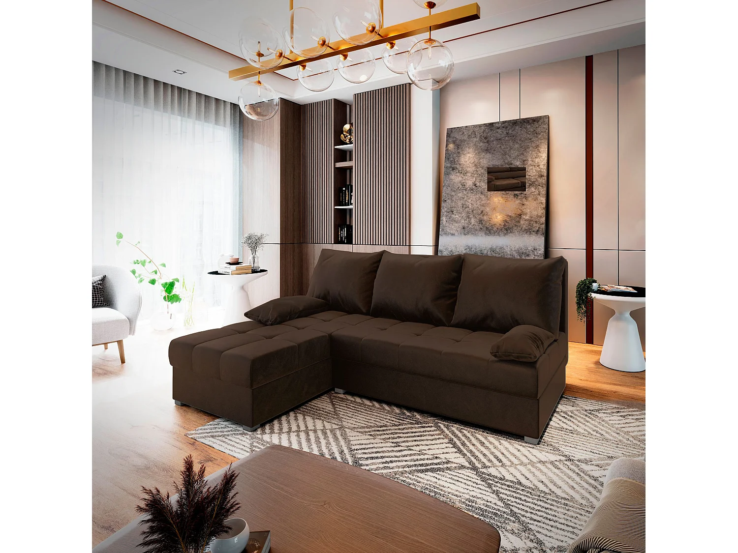 Canapé d'angle RITA Marron en peluche avec fonction de couchage
