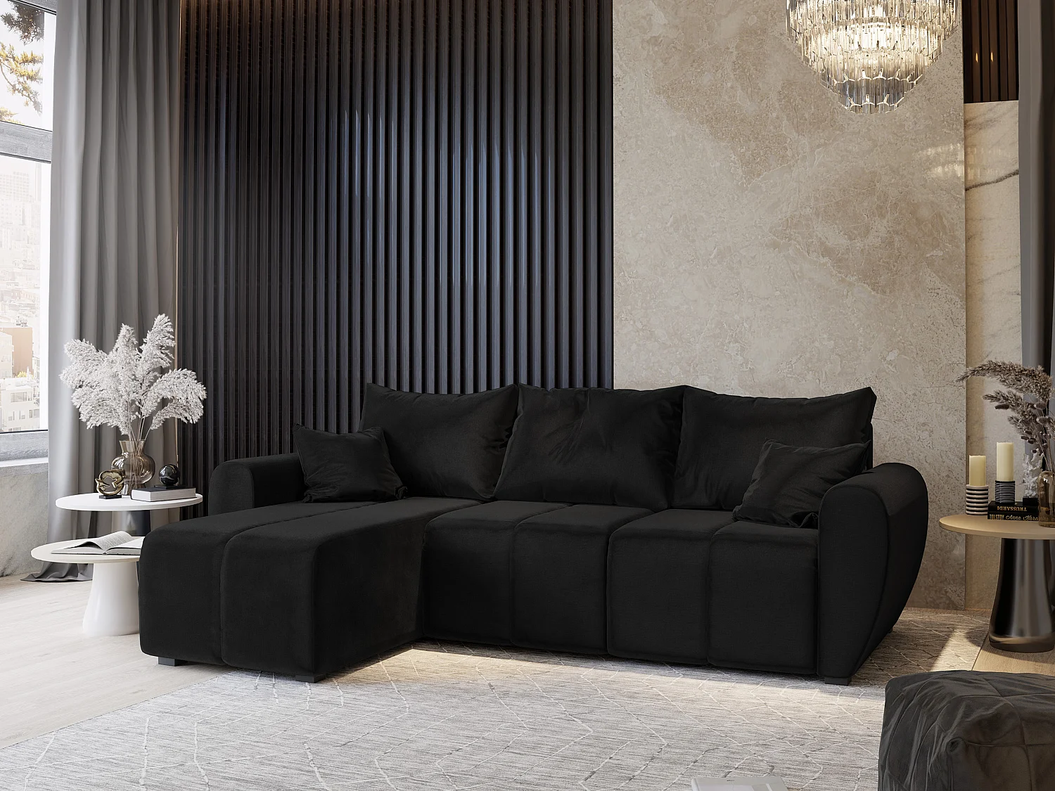 Canapé d'angle MADISON Noir en peluche avec fonction de couchage