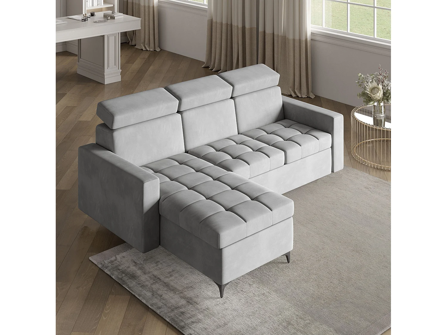 Canapé d'angle KAME Gris clair en peluche avec fonction de couchage