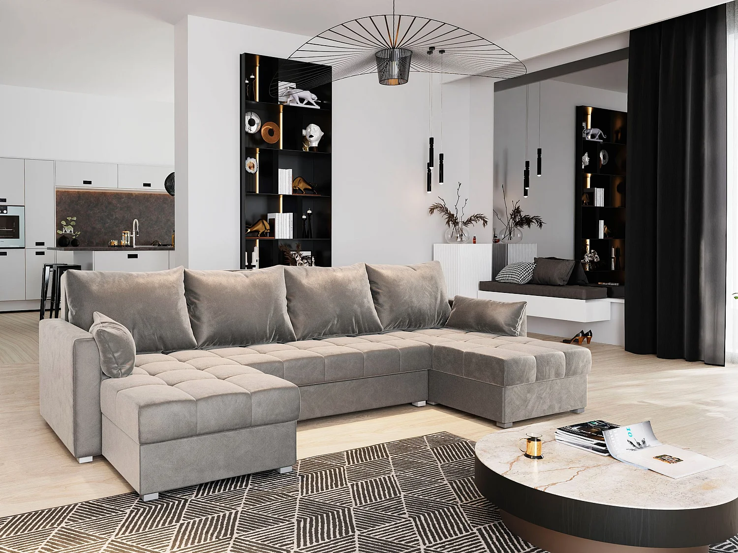 Canapé d'angle NAKO Beige en peluche avec fonction de couchage