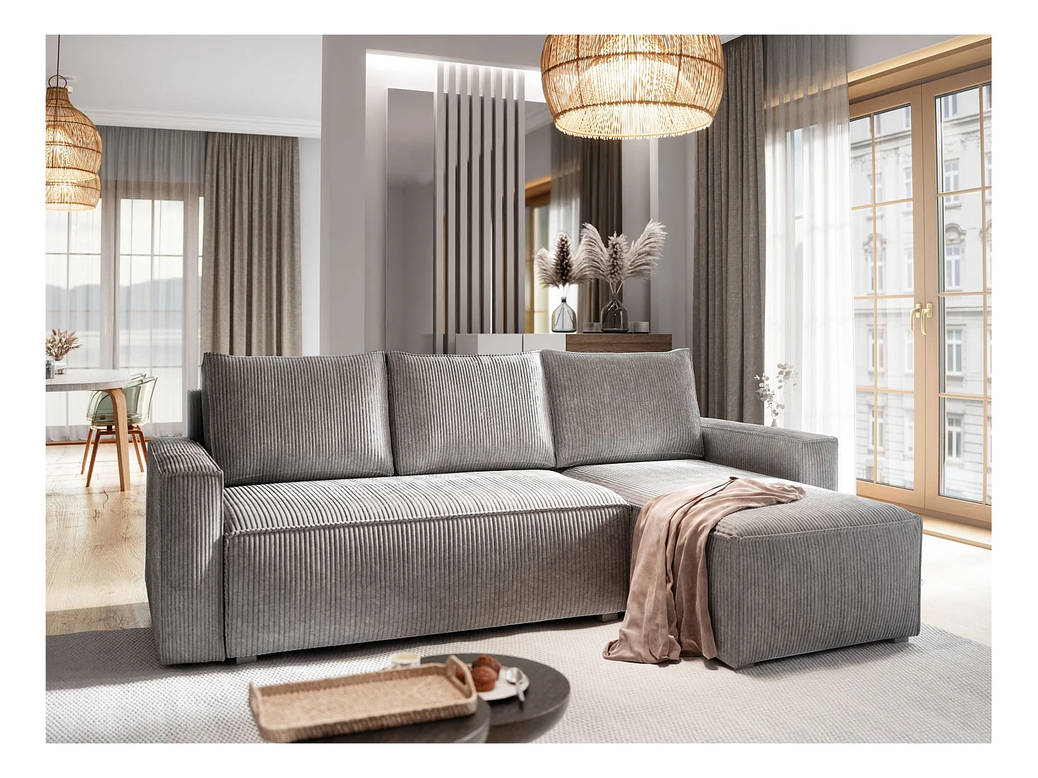 Canapé d'angle POTARO Gris clair en velours côtelé avec fonction de couchage