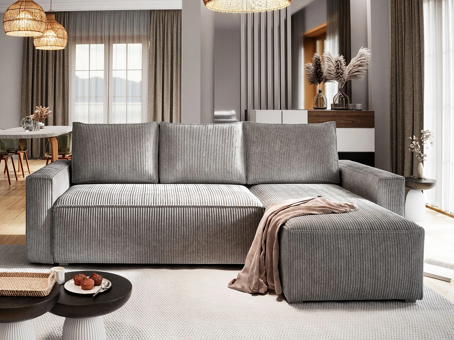 Canapé d'angle POTARO Gris clair en velours côtelé avec fonction de couchage