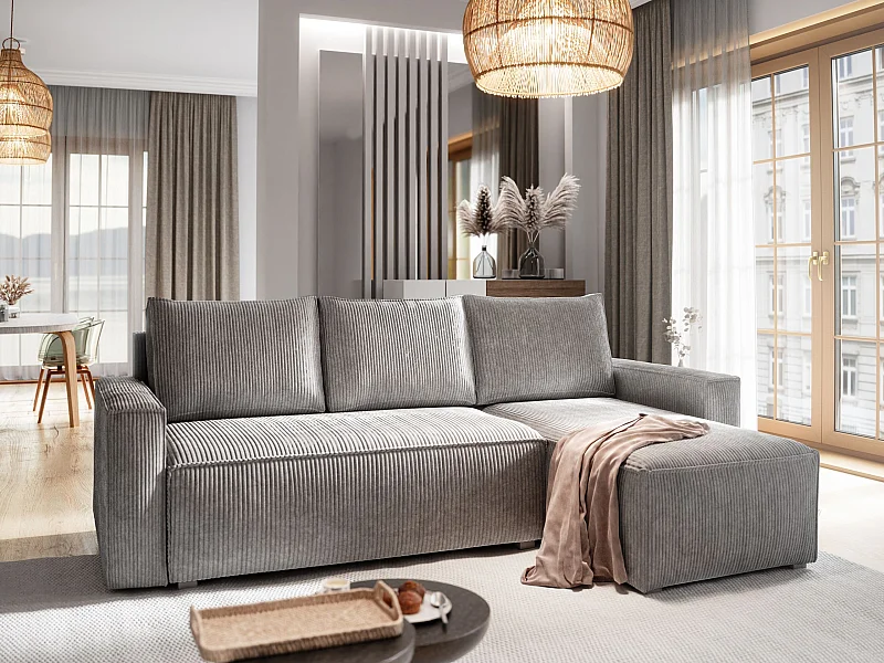 Canapé d'angle POTARO Gris clair en velours côtelé avec fonction de couchage