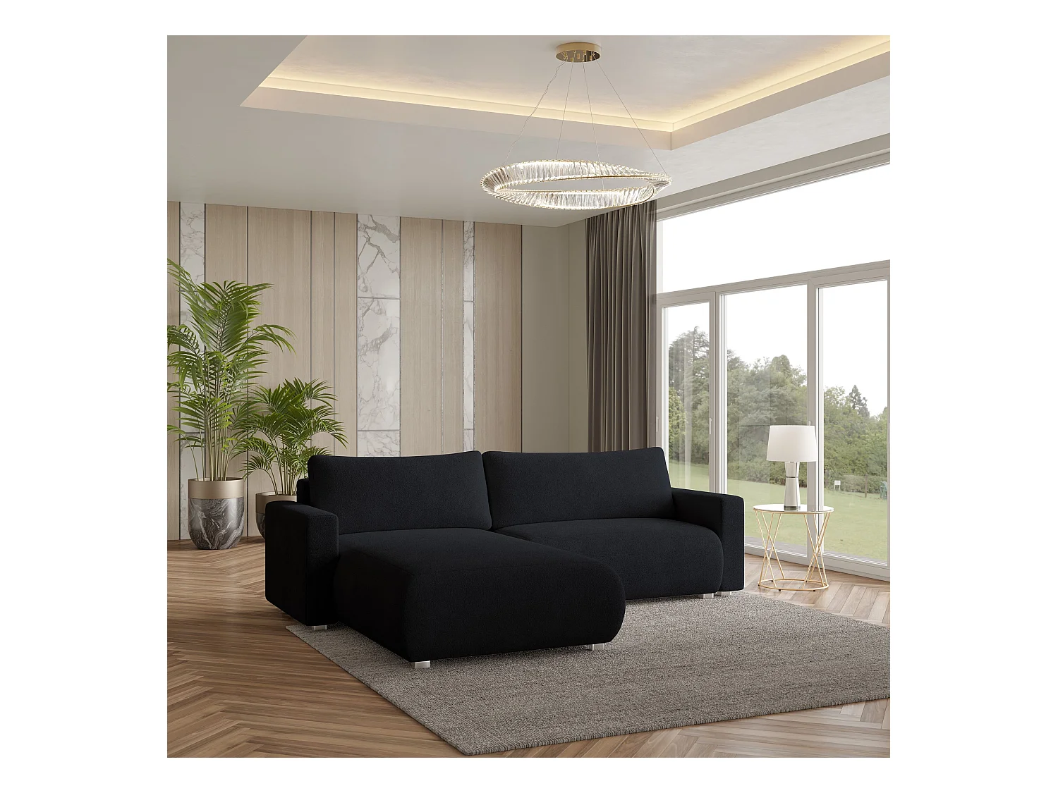 Canapé d'angle TURIN Noir en bouclé avec fonction de couchage