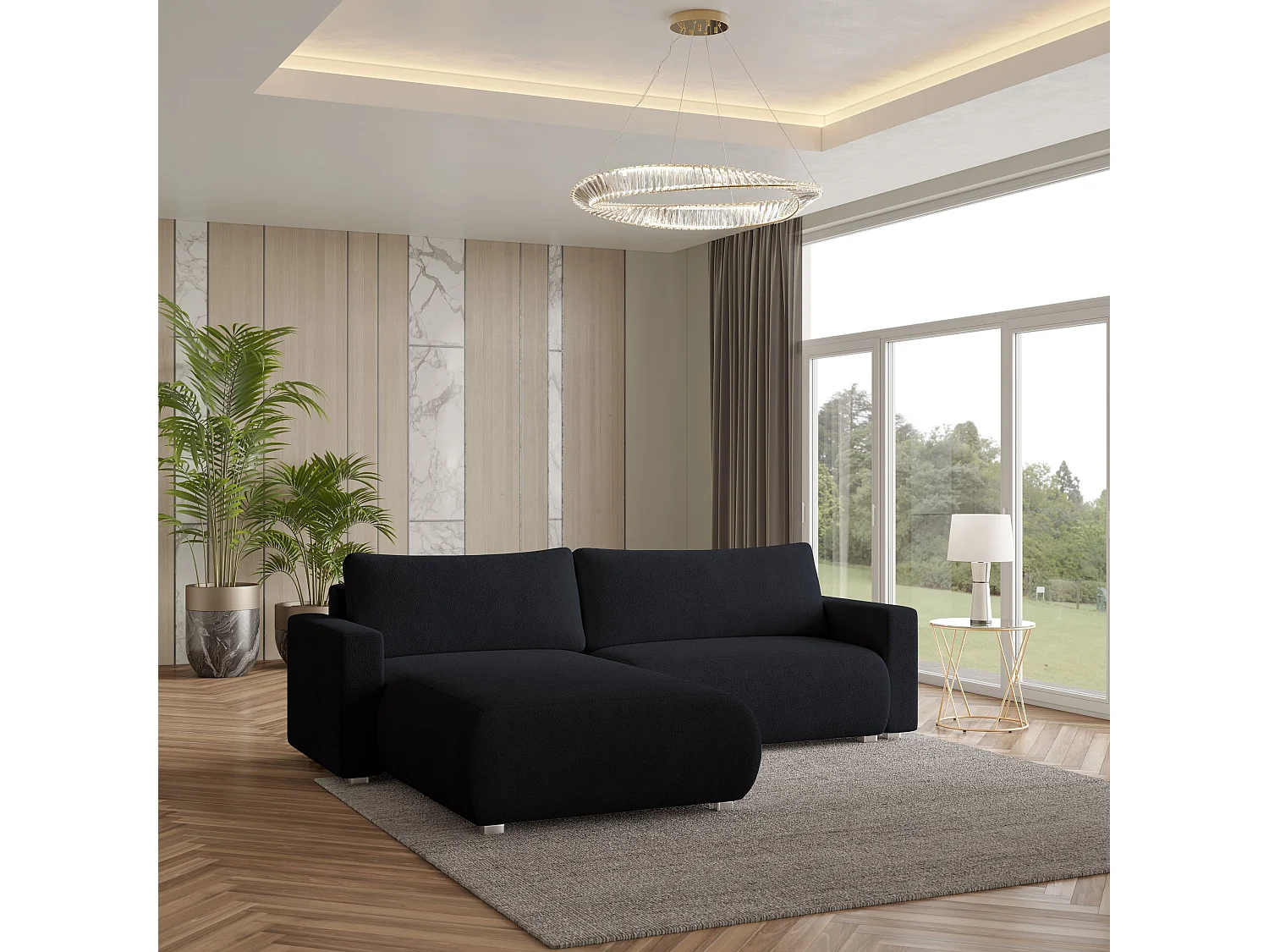 Canapé d'angle TURIN Noir en bouclé avec fonction de couchage