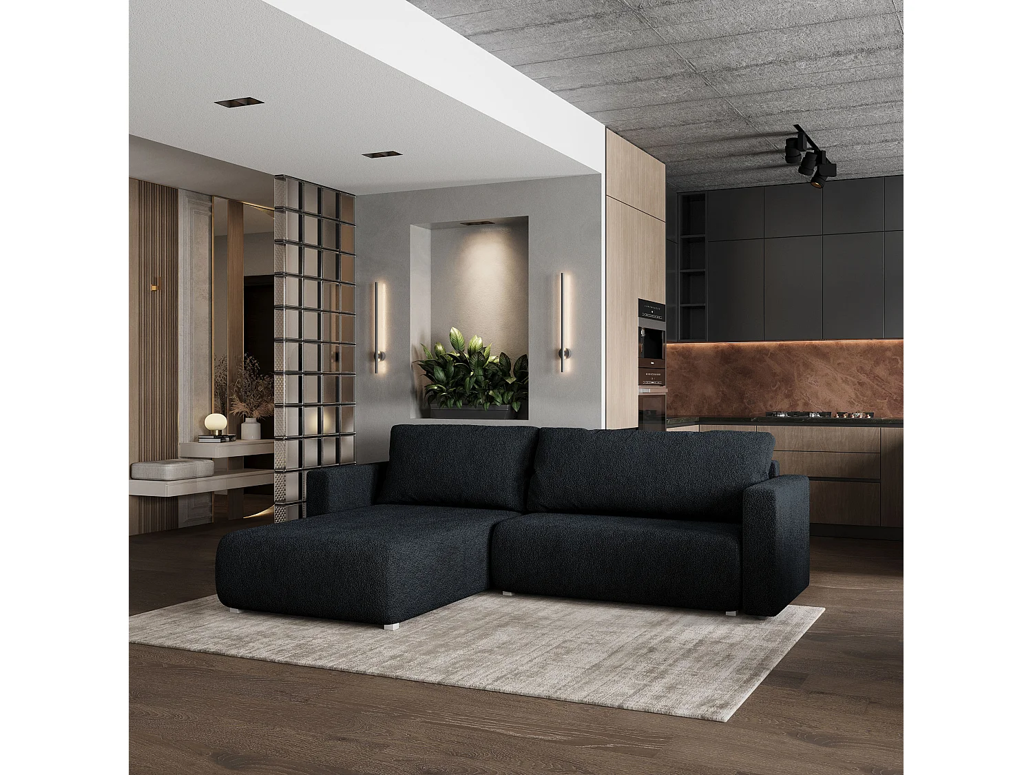 Canapé d'angle convertible 3 places en tissu noir TURIN