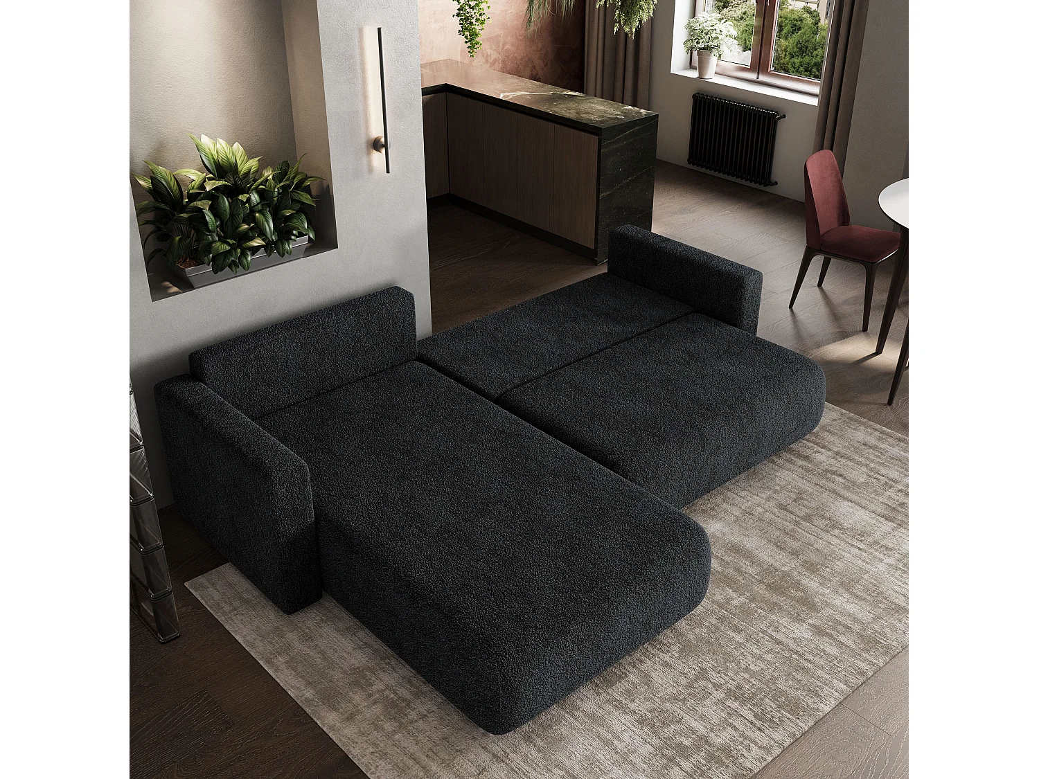 Canapé d'angle convertible 3 places en tissu noir TURIN