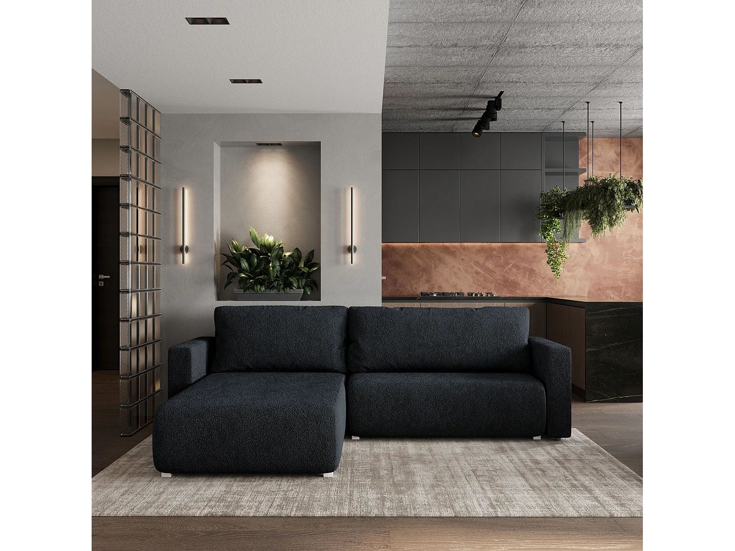 Canapé d'angle convertible 3 places en tissu noir TURIN