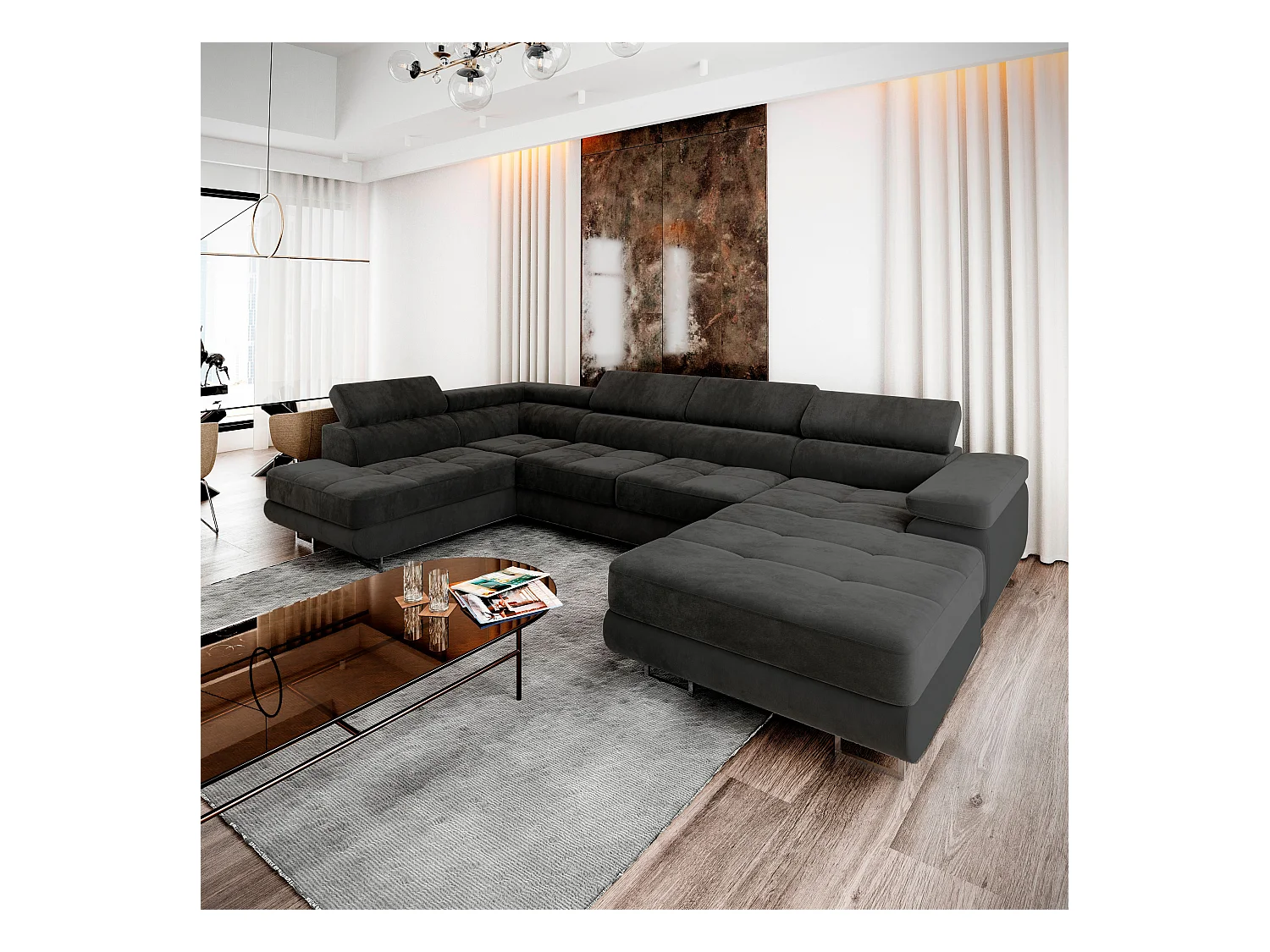 Canapé d'angle CASONE Noir en velours avec fonction de couchage