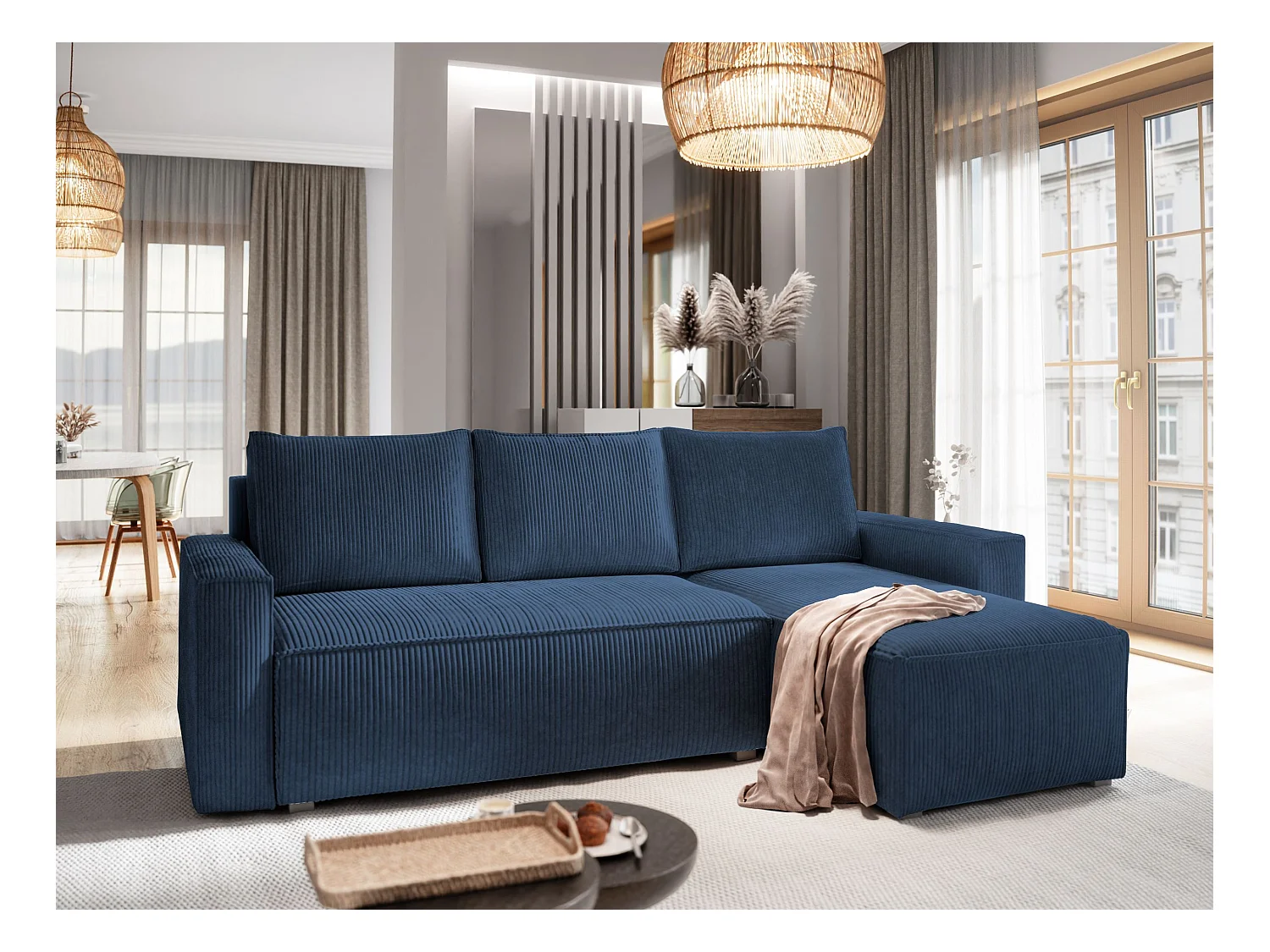 Canapé d'angle POTARO Bleu en velours côtelé avec fonction de couchage
