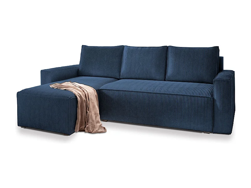 Canapé d'angle POTARO Bleu en velours côtelé avec fonction de couchage