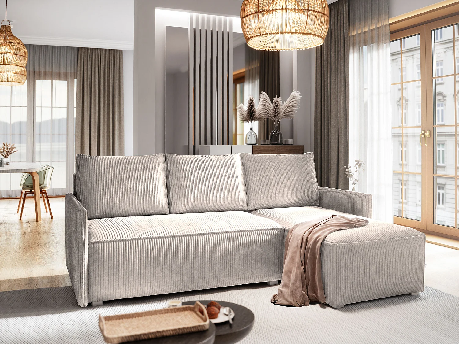 Canapé d'angle PERUSI Crème en velours côtelé avec fonction de couchage