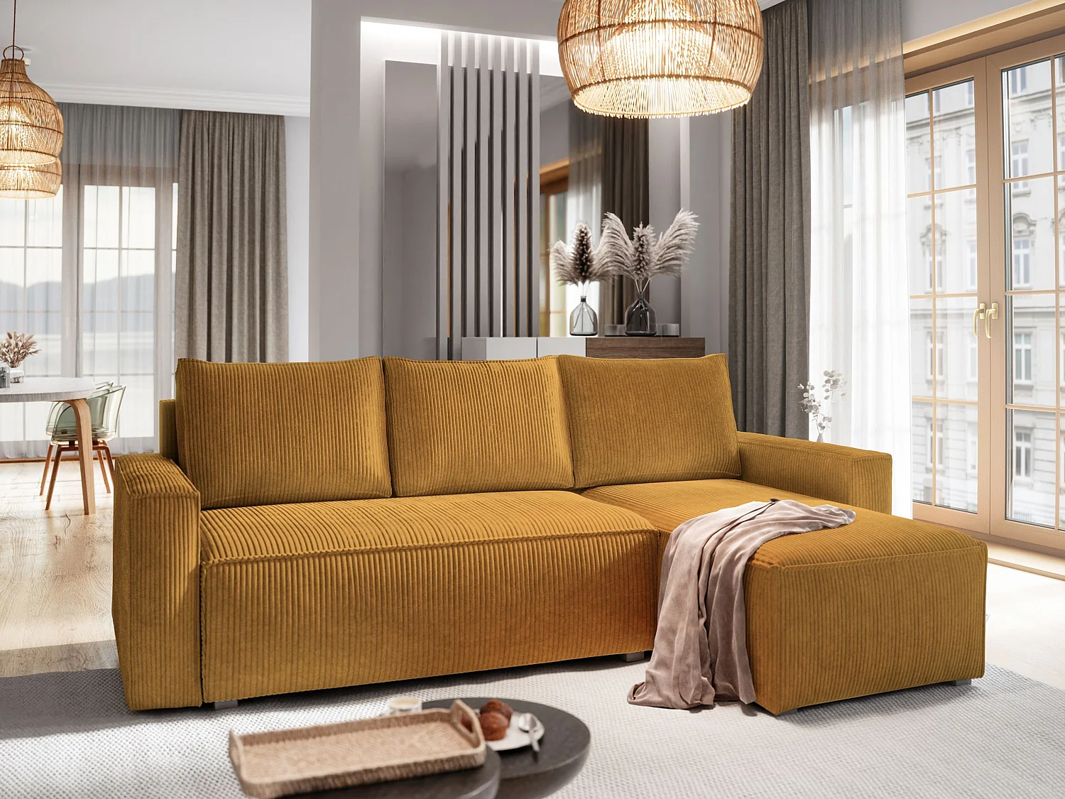 Canapé d'angle POTARO Jaune en velours côtelé avec fonction de couchage