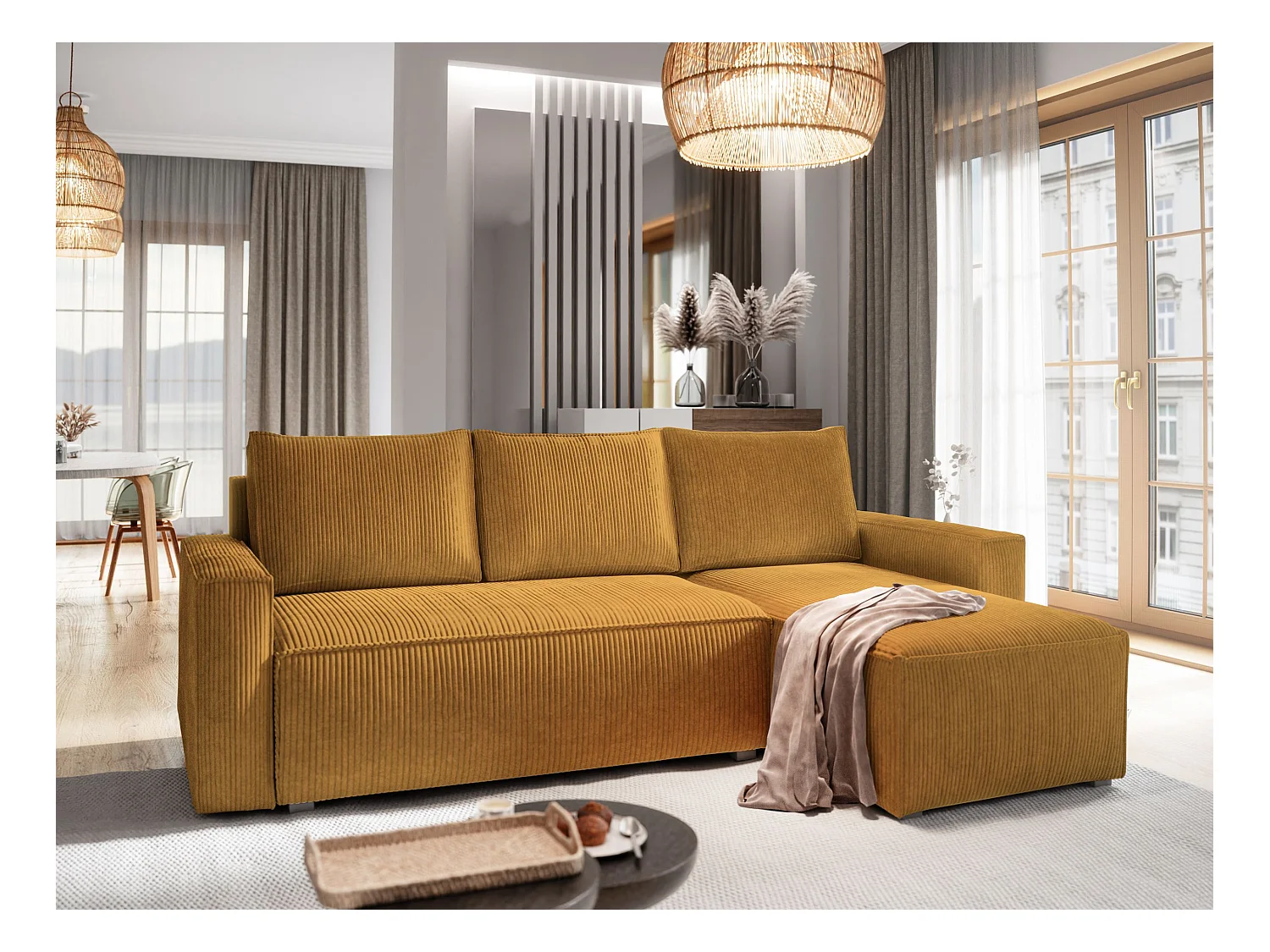 Canapé d'angle POTARO Jaune en velours côtelé avec fonction de couchage