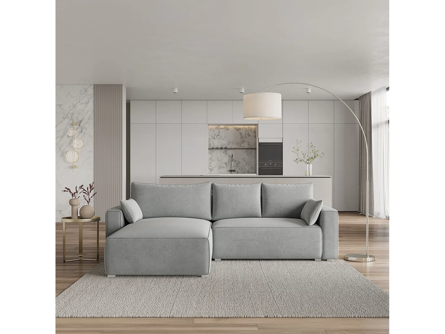 Canapé d'angle FORIL Gris clair en velours avec fonction de couchage