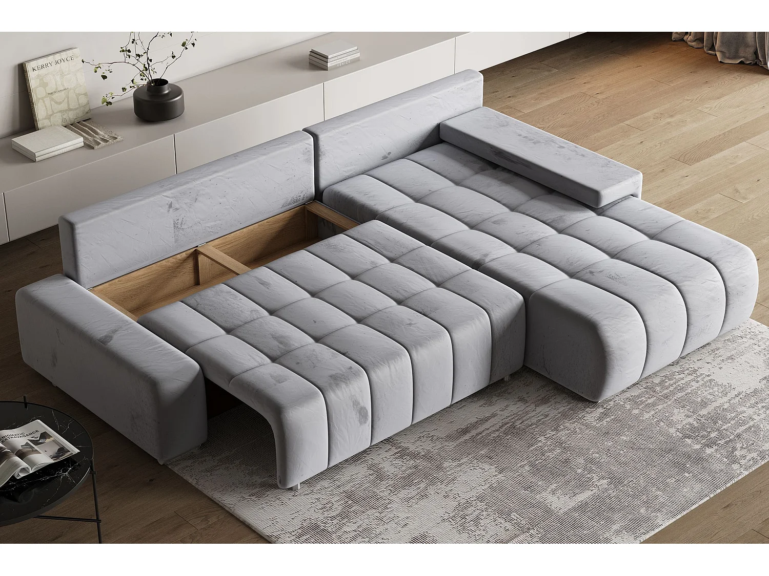 Canapé d'angle ALESE Noir en velours avec fonction de couchage