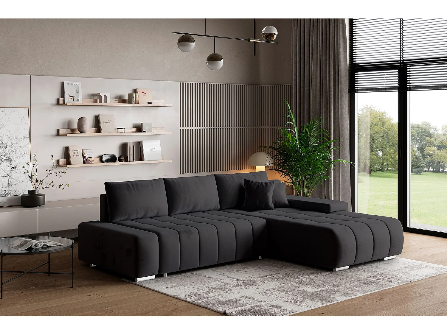 Canapé d'angle ALESE Noir en velours avec fonction de couchage