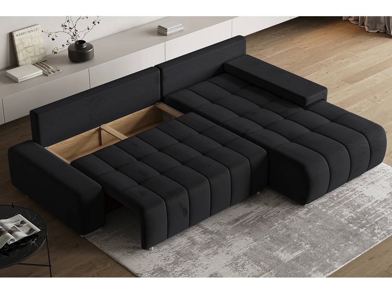 Hoekbank ALESE van fluweel met slaapfunctie Schwarz