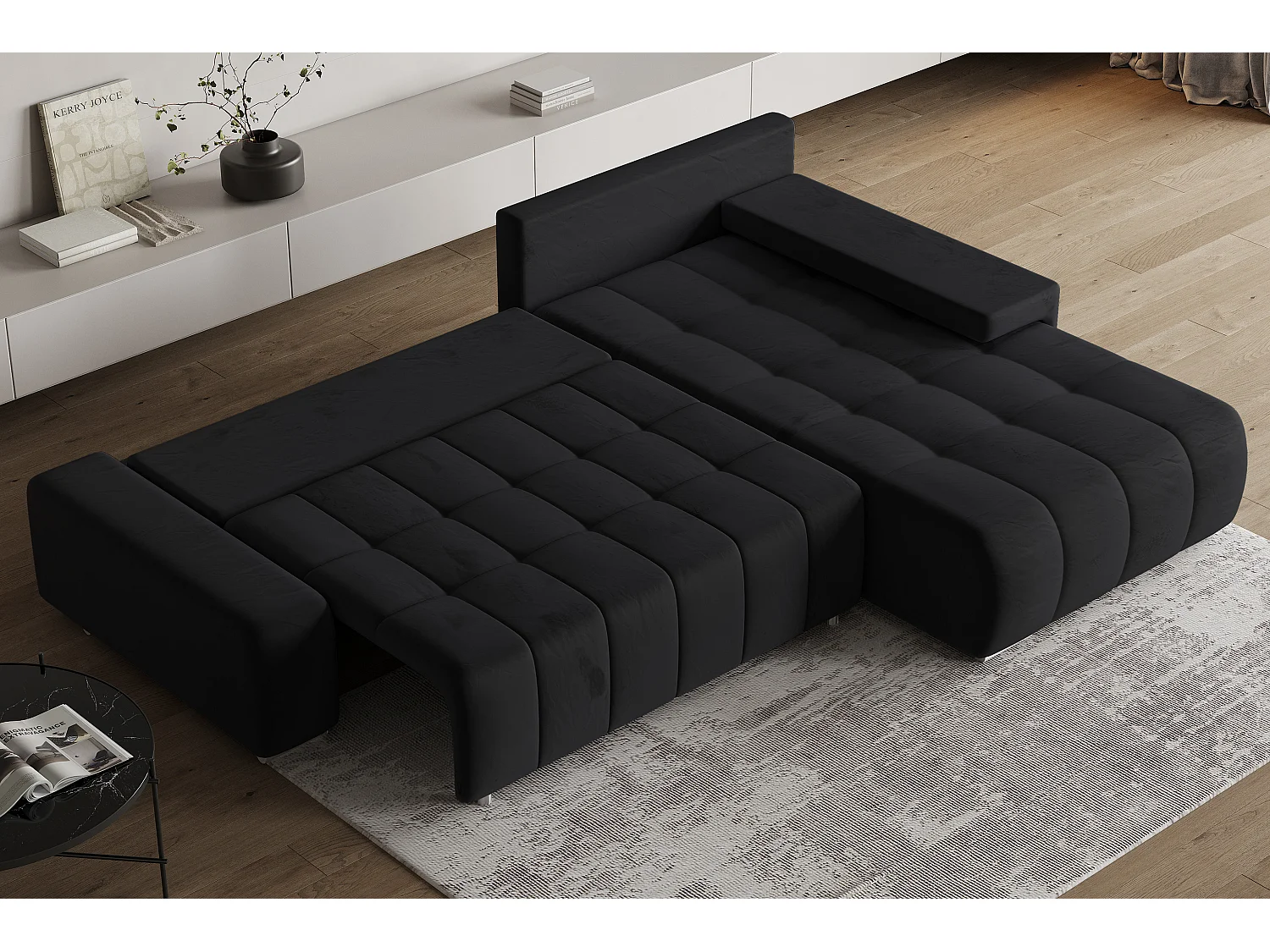 Hoekbank ALESE van fluweel met slaapfunctie Schwarz