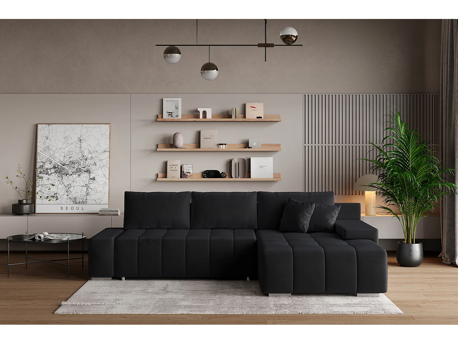 Hoekbank ALESE van fluweel met slaapfunctie Schwarz