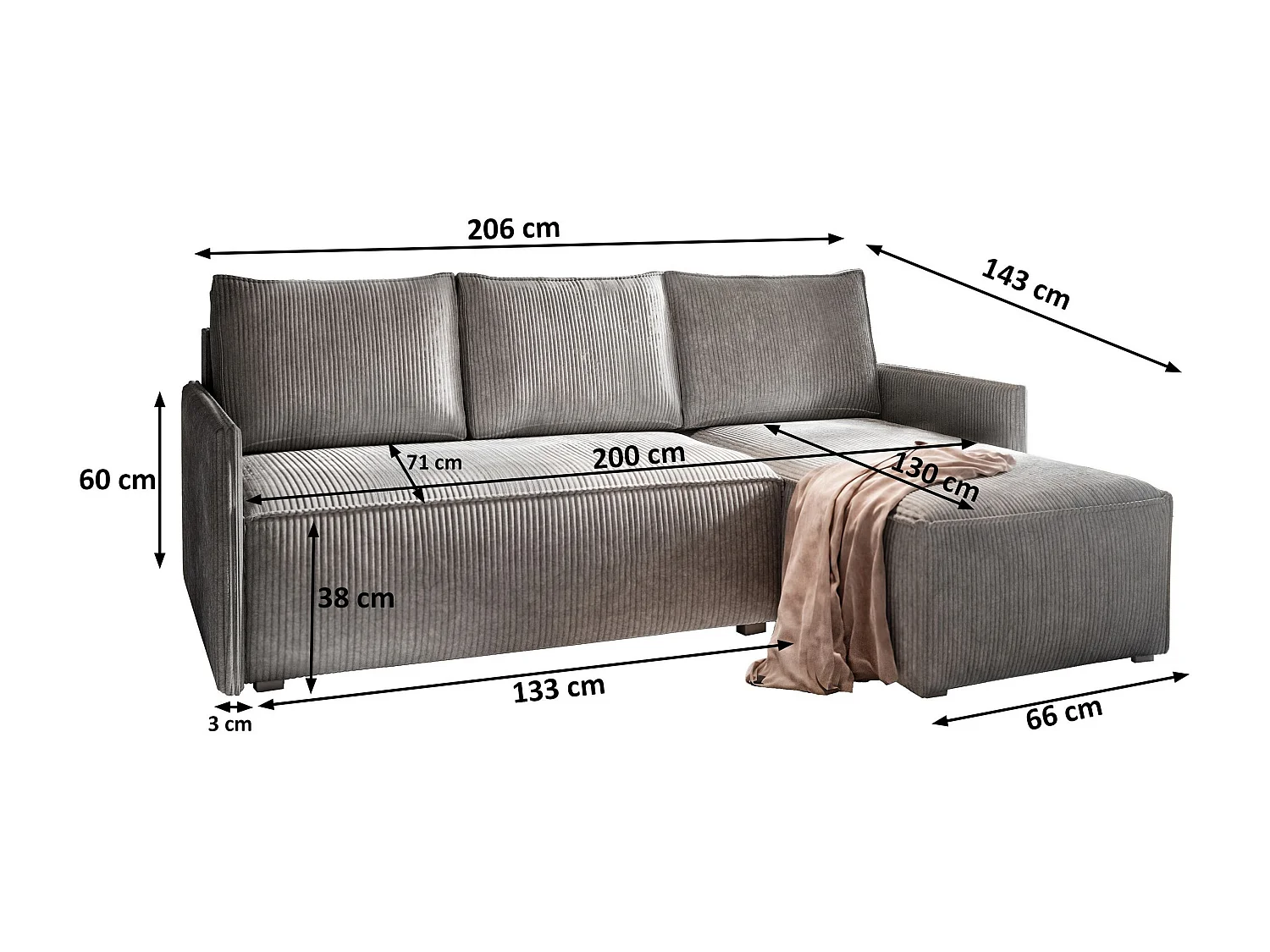 Canapé d'angle PERUSI Marron en velours côtelé avec fonction de couchage