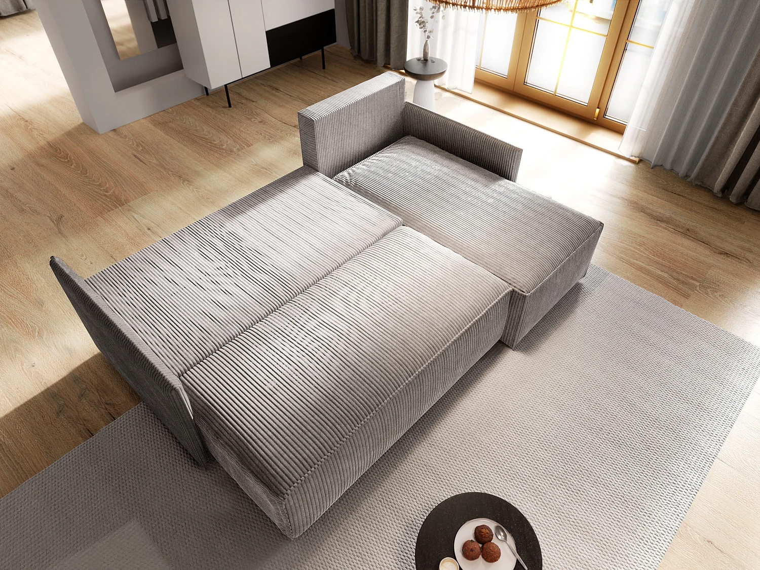 Canapé d'angle PERUSI Marron en velours côtelé avec fonction de couchage