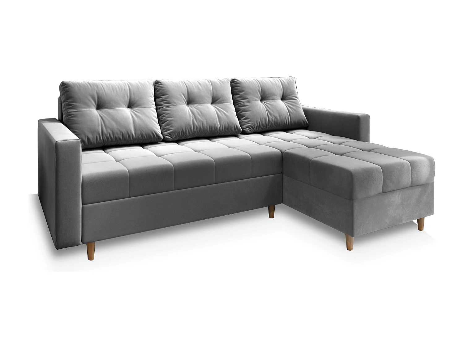 Canapé d'angle MILO Gris clair en peluche avec fonction de couchage