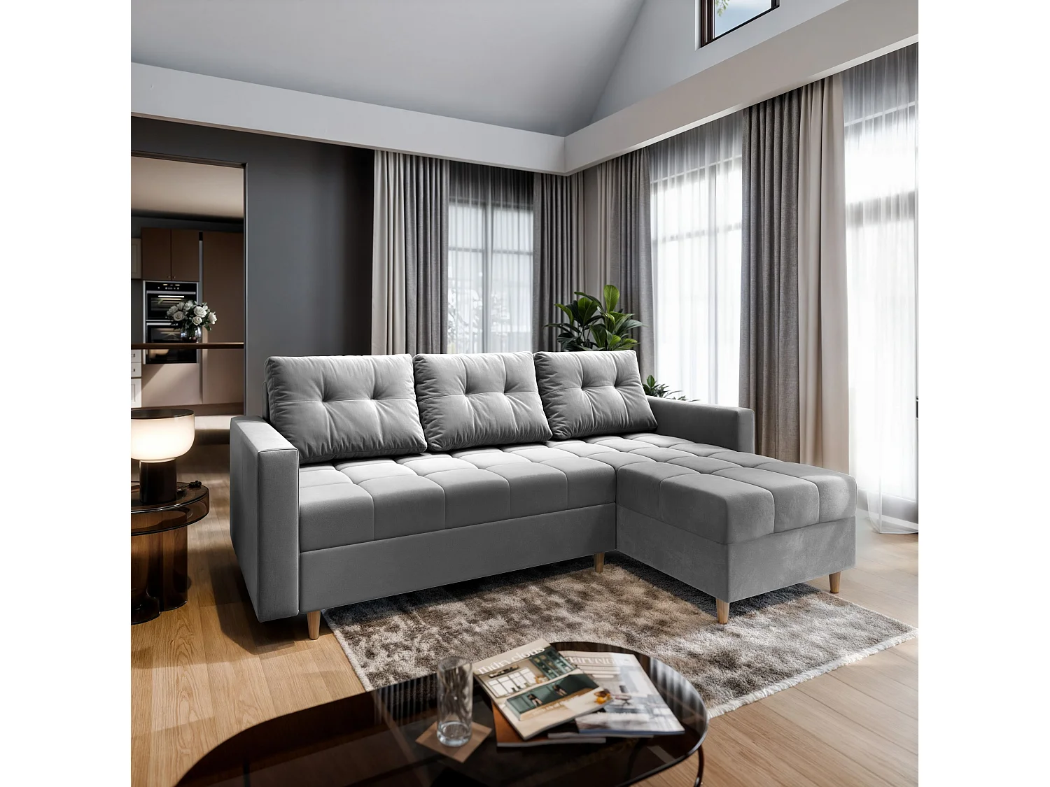 Hoekbank MILO van fluweel met slaapfunctie Hellgrau