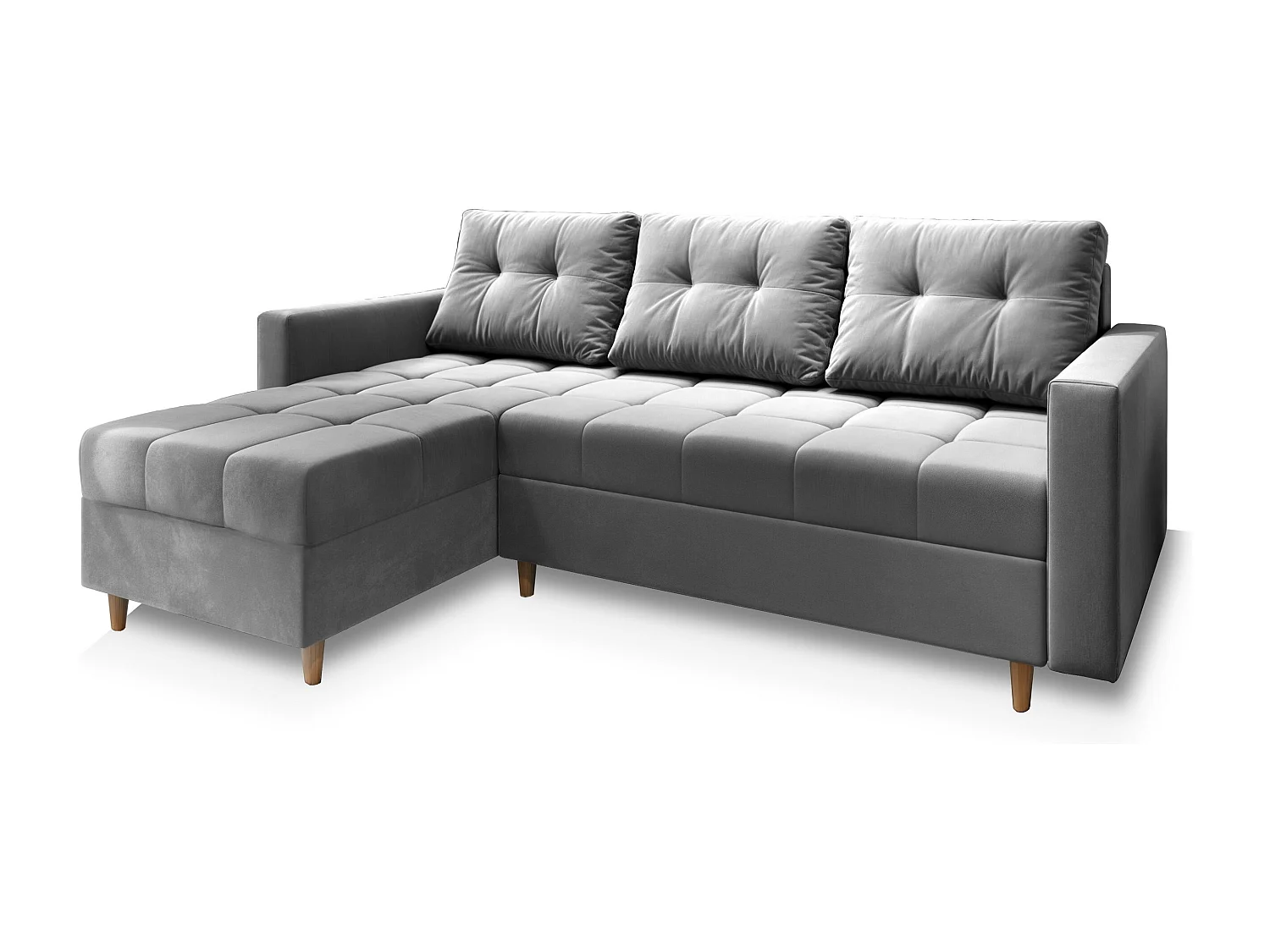 Canapé d'angle MILO Gris clair en peluche avec fonction de couchage