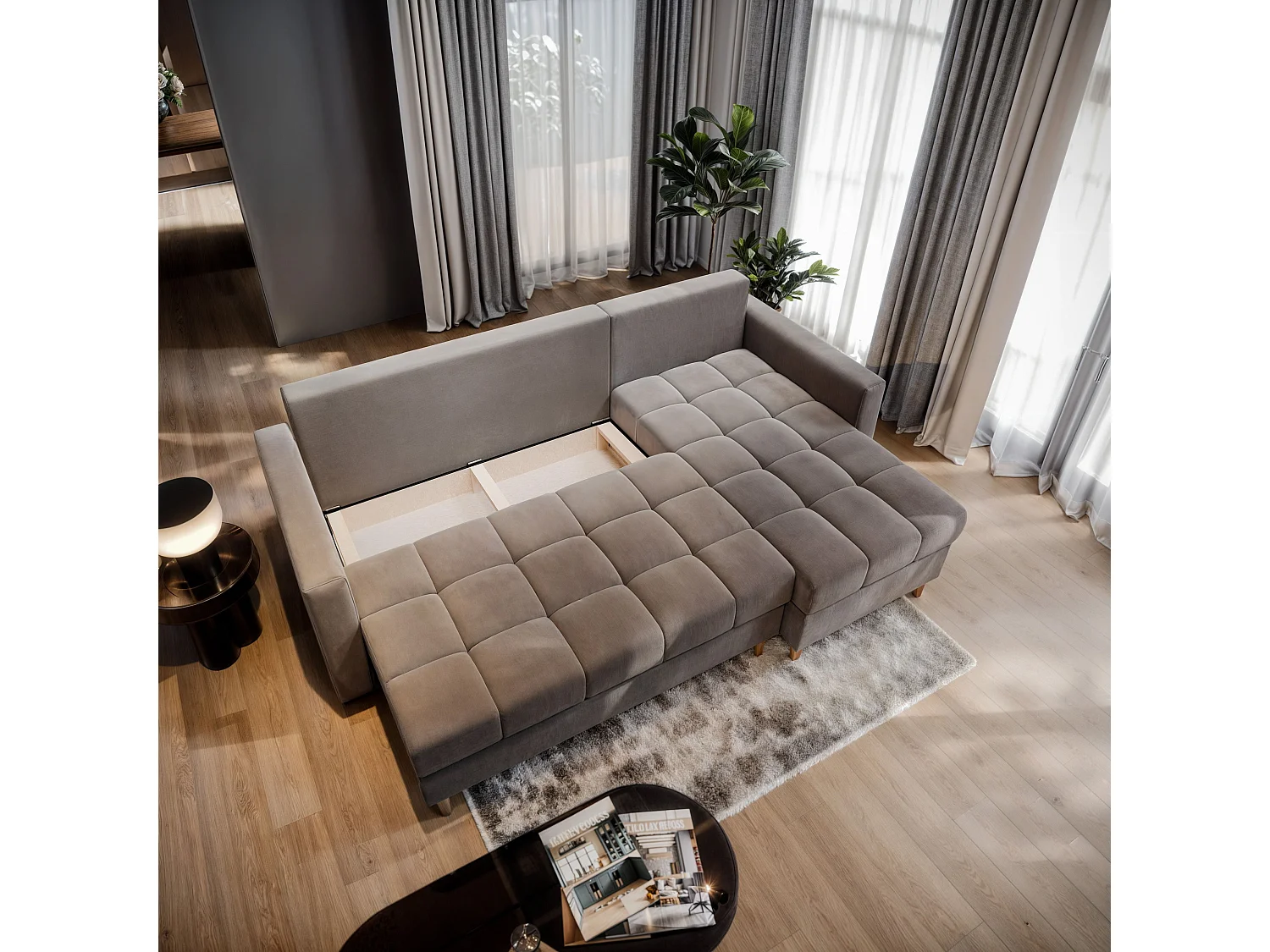 Canapé d'angle MILO Gris clair en peluche avec fonction de couchage