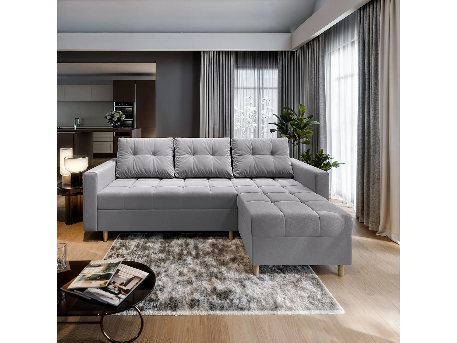 Canapé d'angle MILO Gris clair en peluche avec fonction de couchage