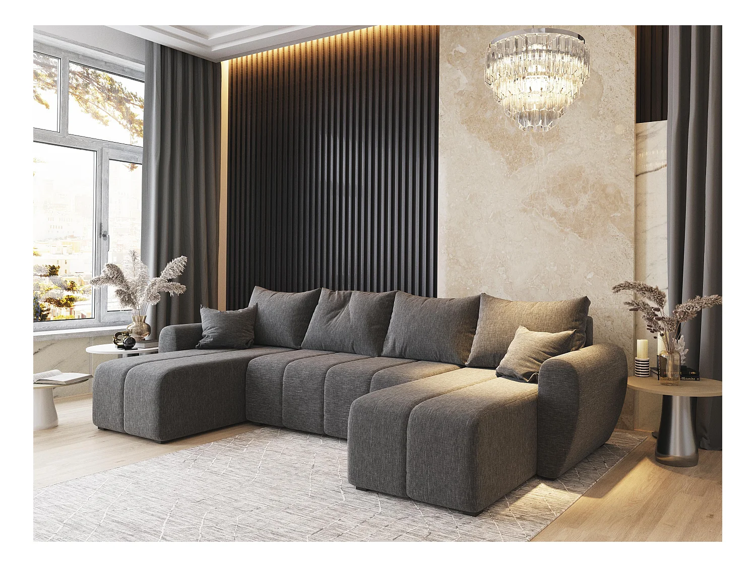 Canapé d'angle MADISON Gris clair en tissu texturé avec fonction de couchage