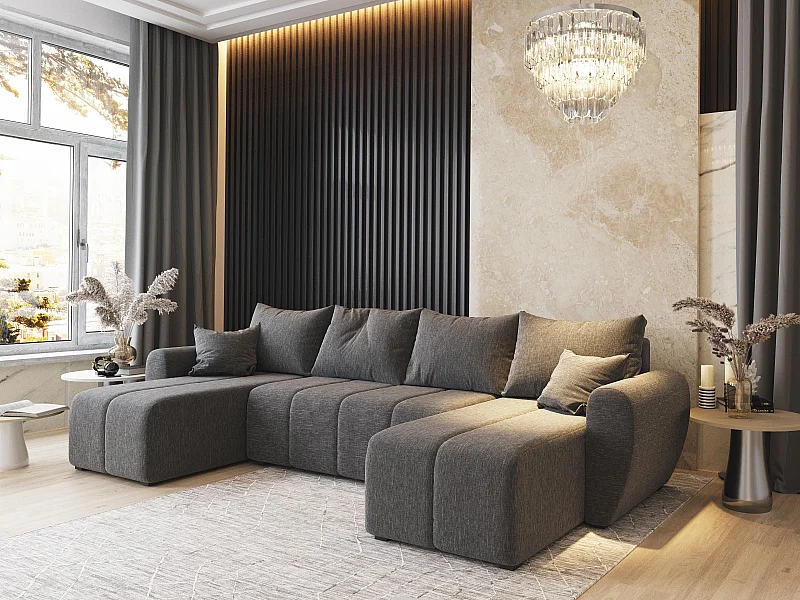 Canapé d'angle MADISON Gris clair en tissu texturé avec fonction de couchage