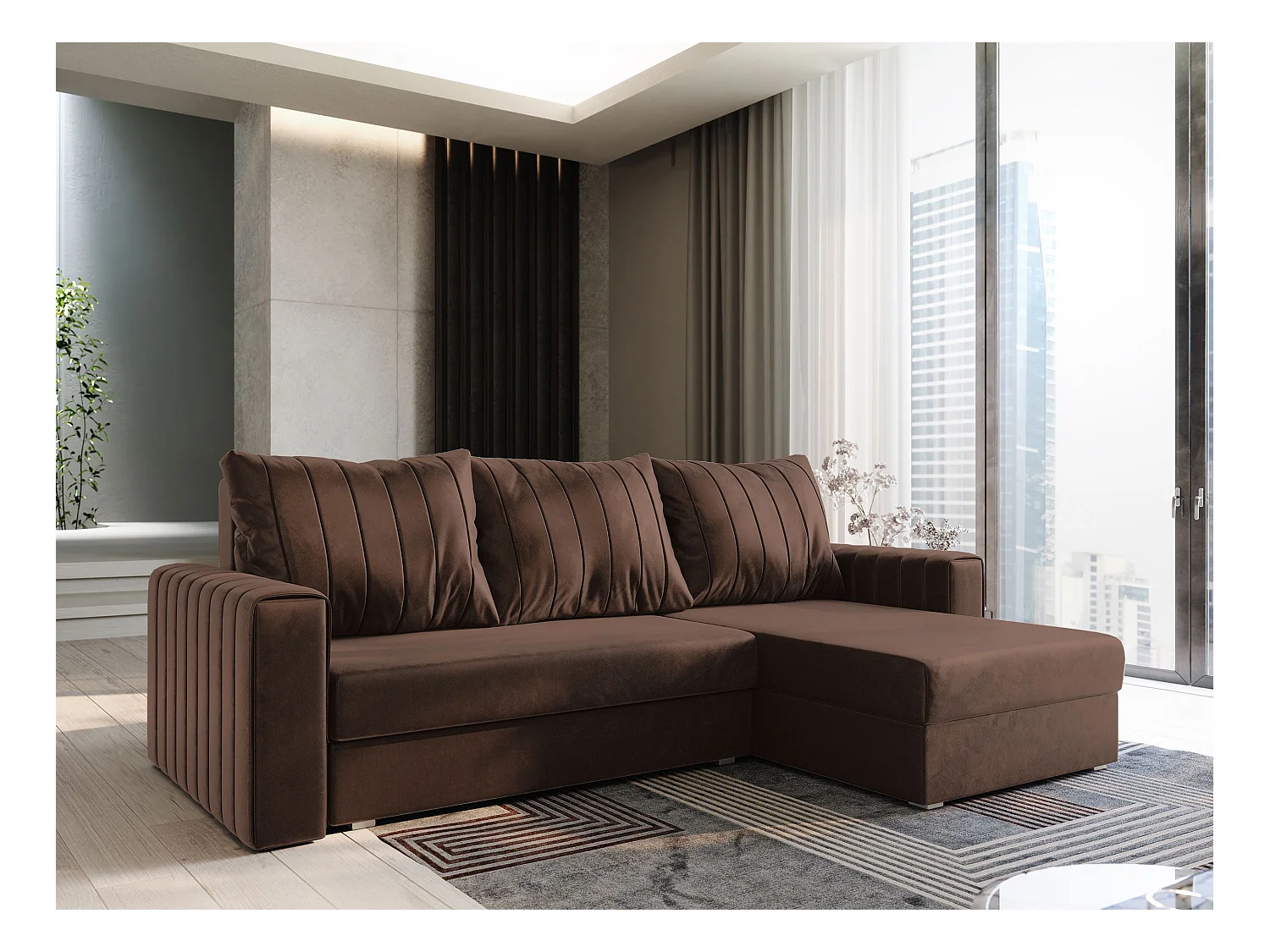 Canapé d'angle CARL Marron en peluche avec fonction de couchage