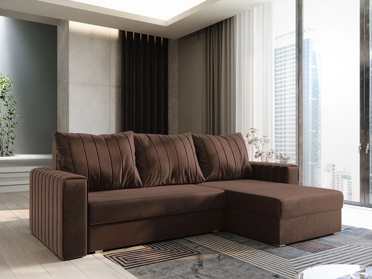 Canapé d'angle CARL Marron en peluche avec fonction de couchage