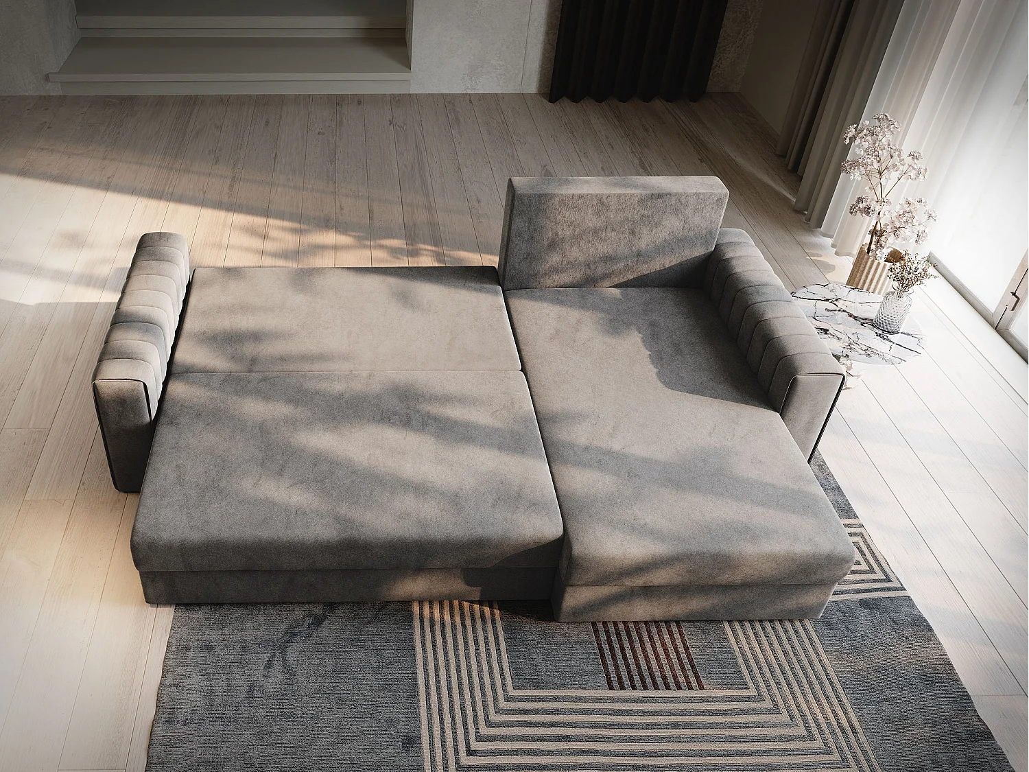 Canapé d'angle CARL Marron en peluche avec fonction de couchage