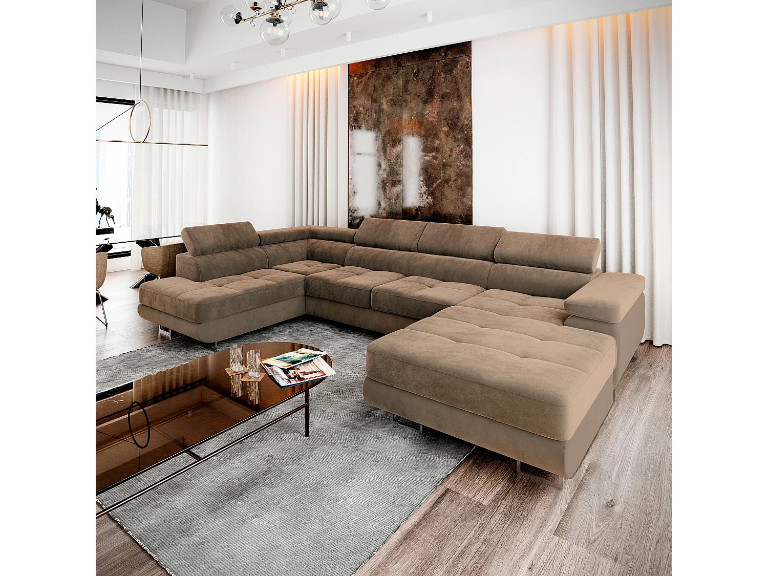 Canapé d'angle CASONE Beige en velours avec fonction de couchage